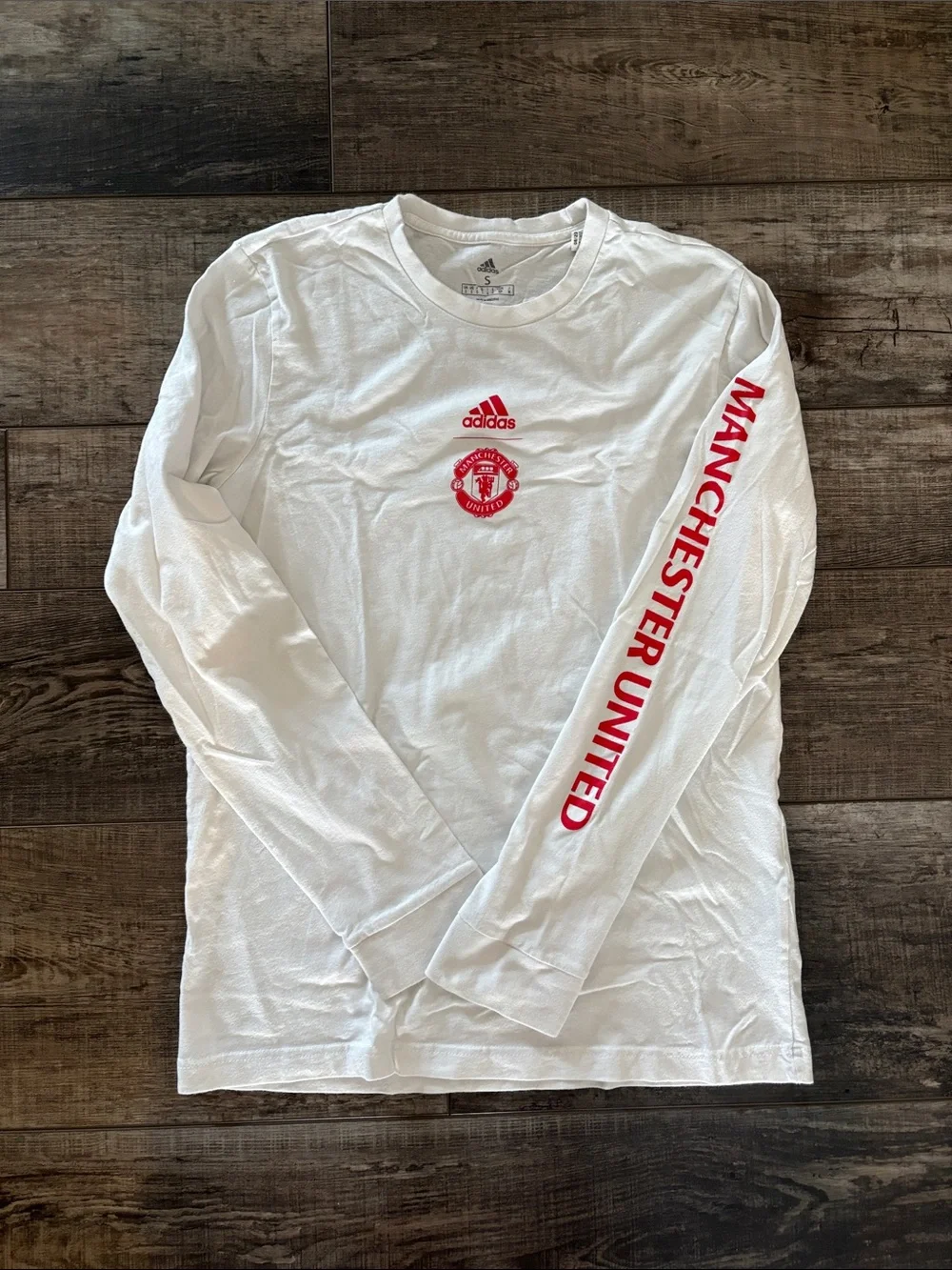 adidas White Long-Sleeve Tee with Red Manchester United Detailing
